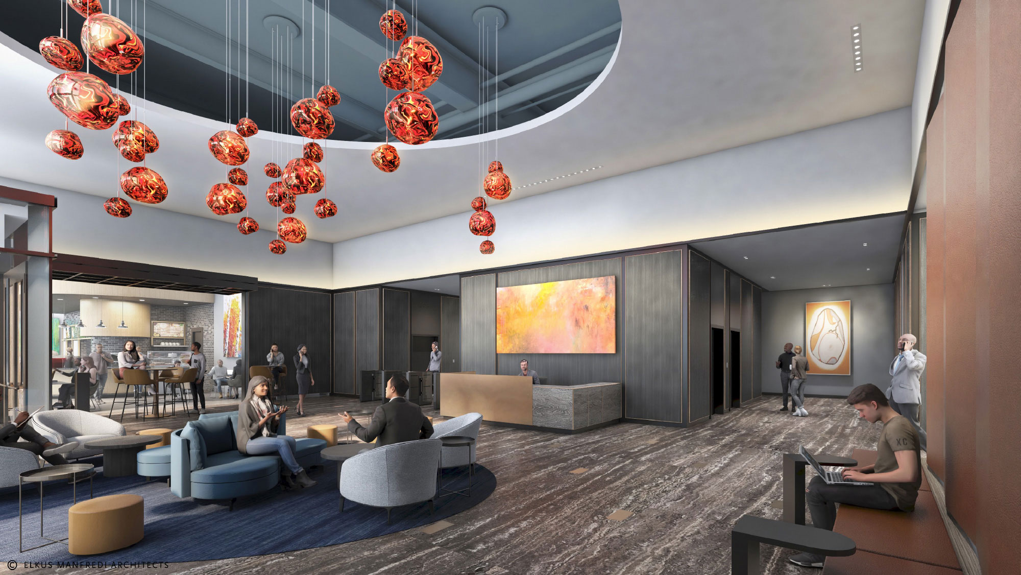 Suffolk Downs lobby with decorative lighting and marble floors